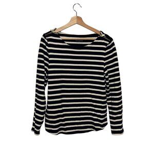 Talbots Womens Black & White Striped Long Sleeve Top With Shoulder Zipper Detail